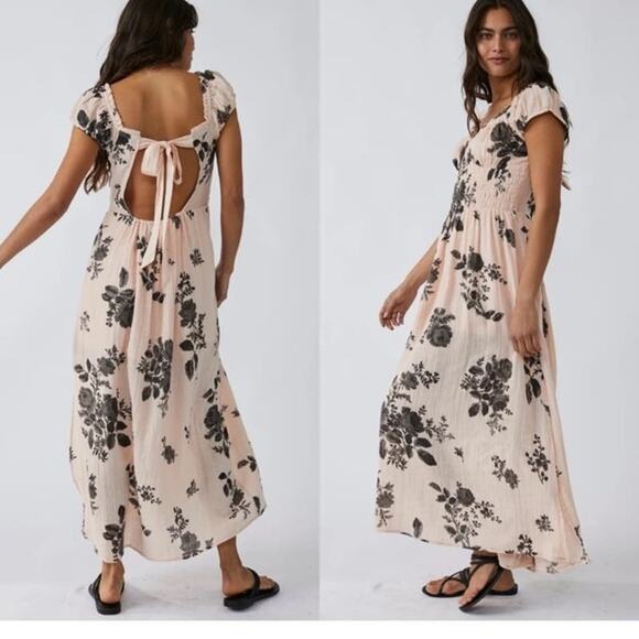 New Free People Forget Me Not Boho Floral Smocked Midi Dress $128 Small Peach - Picture 5 of 9